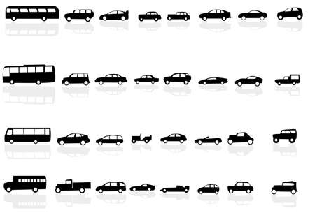 Vector set of silhouettes of cars with reflectionsのイラスト素材