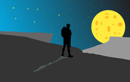 Silhouette of a man with a backpack on a background of the moonのイラスト素材