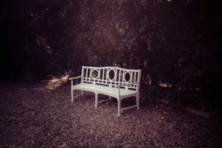 Blur image Old wooden chair in the garden on green leaves background, Vintage tone.の写真素材