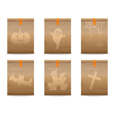 Set of six Halloween trick or treat shopping bags with images of jack-o-lantern, ghost, spider, bat, house and cross. Vector illustration.のイラスト素材