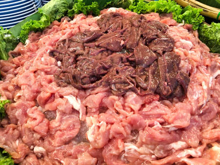 Pig liver slice with pork slice in the market Thailand.