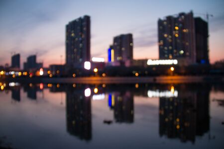 Blurred cityscape river, defocused backgroundの写真素材