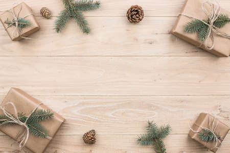 Christmas present on the wooden surfaceの写真素材