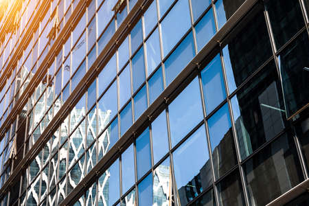 Closeup modern blue glass building