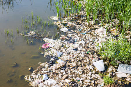 Wetland polluted by white garbageの写真素材