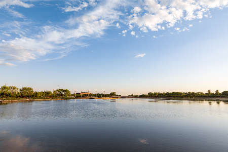 lake in the park at sunsetの写真素材