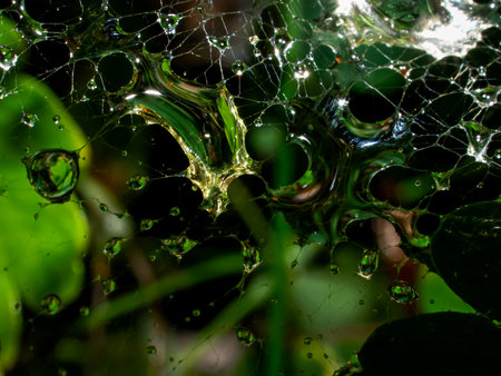 Water drops on a spider web in the forest. Macro shot.