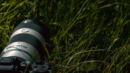 A closeup shot of a professional DSLR camera in the grass.の写真素材