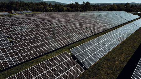Aerial view of photovoltaic panels for renewable electricity production, Czech Republic.