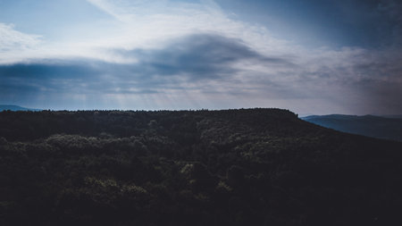 Sunset in the mountains. Beautiful panoramic view of the mountains.