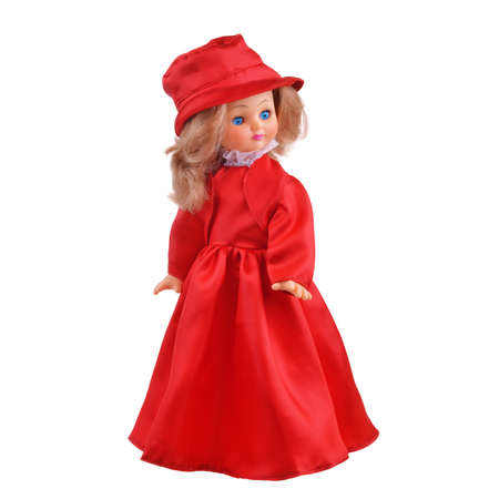 doll in red dress isolated on white backgroundの写真素材