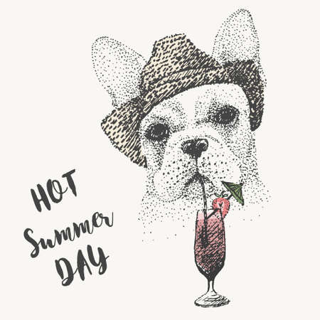 French bulldog in a straw hat and a cocktail. Hot summer. freehand drawing. vector.のイラスト素材