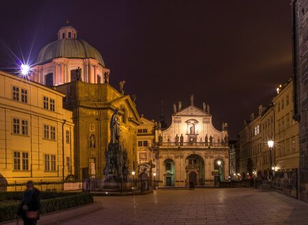 Prague, Czech Republic - January 24, 2015. Illuminated buildings in the capital of Czech . Old and new buildings change with the onset of the evening.のeditorial素材