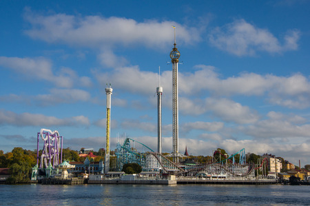 Stockholm, Sweden - October 15, 2016. View of the amusement park Grona Lunds Tivoli from the island of Kastellholmen. Grona Lunds Tivoli is a great place to relax with the whole familyのeditorial素材