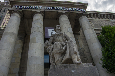 Warsaw, Poland - June 23, 2016. Sculpture in the Palace of Culture and Science in the center of Warsaw. The building was built in 1955. The original name in Polish is PaÅac Kultury i Naukiのeditorial素材