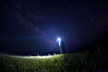 man looking at the stars and milky way, trying to count stars