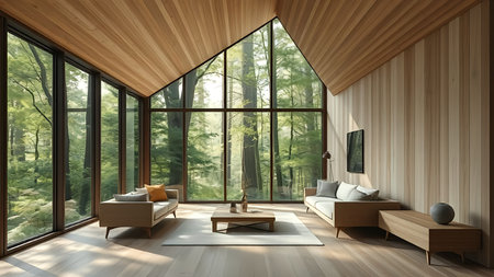 Interior of modern living room with wooden walls, wooden floor and panoramic window. 3d renderingの素材