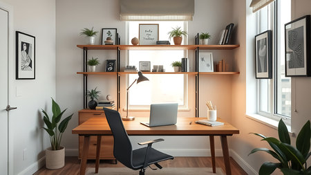 Workplace with computer on wooden table in modern office 3D renderingの素材