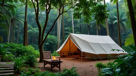 Camping tent in the tropical forest, travel and vacation concept.の素材