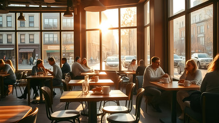Group of young people drinking coffee and talking in a cafe at sunsetの素材