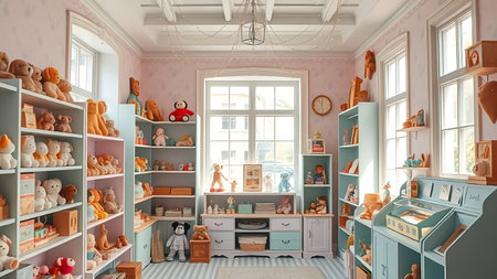 3d rendering of a children's room with toys on shelves.の素材