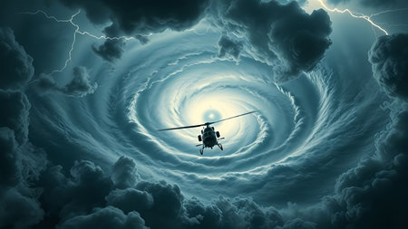 Helicopter flying into eye of massive hurricaneの素材