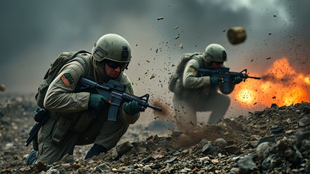 Soldiers ducking as grenade flies, pure battlefield terrorの素材