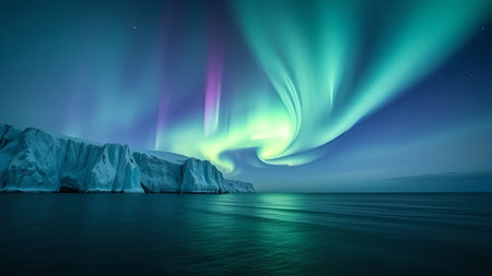 Northern lights in the night sky over the sea. 3d renderingの素材