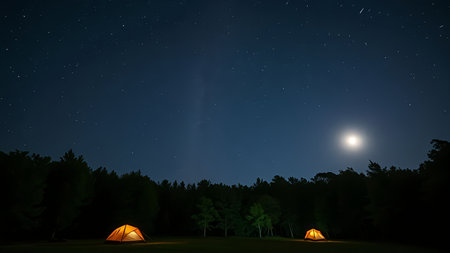 Night camping in the woods. Night landscape with a tent and a full moon.の素材