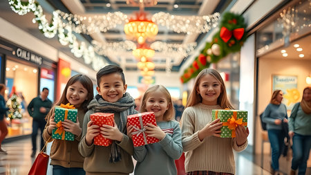 Group of happy children holding Christmas gifts in shopping mall. Christmas and New Year concept.の素材