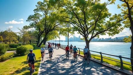 People cycling in Central Park in Chicago, Illinois, USA. Central Park is a major tourist attraction in Chicago.の素材