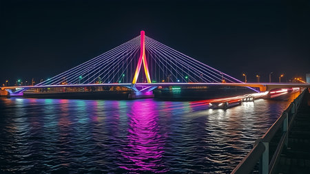 Cable-stayed bridge in Riga at night, Latviaの素材