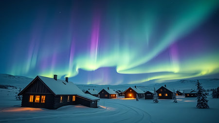 Aurora borealis, northern lights in the night sky over houses in winterの素材