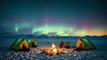 Tourists camping near bonfire under aurora borealis in night skyの素材