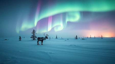 Northern Lights Aurora borealis over a snowy landscape with reindeerの素材
