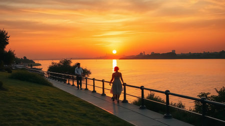 Sunset on the bank of the Dnieper river in Kiev, Ukraineの素材