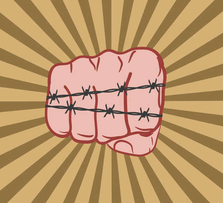 Clenched fist wrapped in barbed chain  Illustration in vintage style のイラスト素材