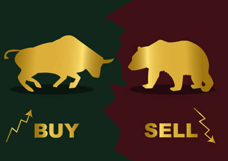 Gold silhouette of a bear and bull Inscription Buy and Sell のイラスト素材