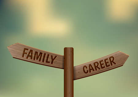 A wooden sign showing the choice between family and career.Vector illustration.のイラスト素材