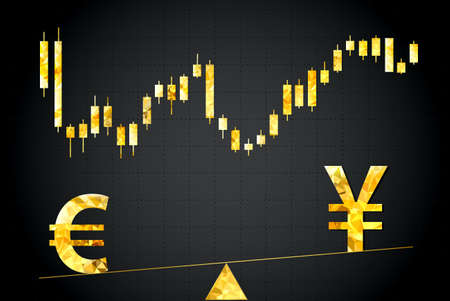 Gold symbols of euro and yen.In the background stock chart.のイラスト素材