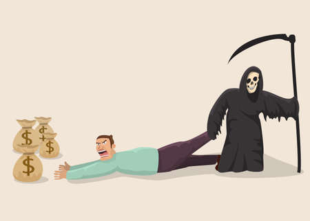 Greedy man facing death.Vector concept.のイラスト素材