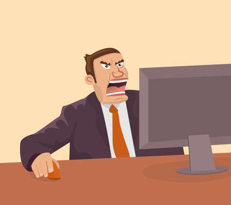 Angry businessman looking at the monitor.Vector illustration.のイラスト素材