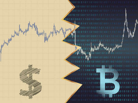 Dollar and Bitcoin confrontation.In the background price chart.のイラスト素材