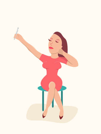 Woman makes selfie.Vector illustration.のイラスト素材