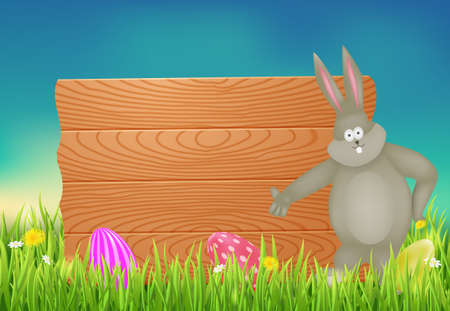 Easter background with wooden board and a rabbit.Vector illustration.のイラスト素材