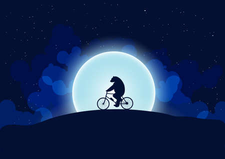 A bear on a bicycle.In the background the moon and the night sky.のイラスト素材