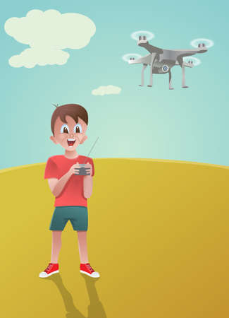 Smiling boy playing with a drone.のイラスト素材