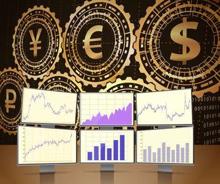 Monitors with stock charts.Concept of global currency trading.のイラスト素材