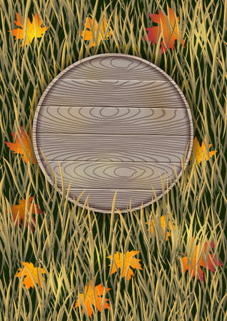 Autumn background with a wooden board and dry grass.のイラスト素材