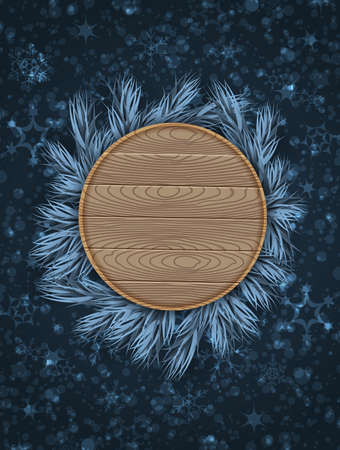 Christmas card illustration with wooden sign and snowflakes.のイラスト素材